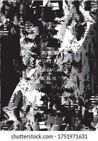 Distressed background in black and white gradient texture with dots, spots, scratches and lines. Abstract vector illustration.
