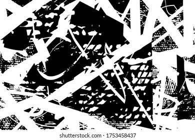 Unterdrückter Hintergrund in schwarz-weißer Farbverlauf-Textur mit Punkten, Flecken, Kratzern und Linien. Abstrakte Vektorgrafik.