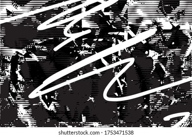 Distressed background in black and white gradient texture with dots, spots, scratches and lines. Abstract vector illustration.