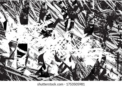 Distressed background in black and white gradient texture with dots, spots, scratches and lines. Abstract vector illustration.