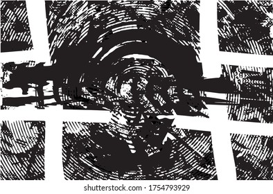 Distressed background in black and white gradient texture with dots, spots, scratches and lines. Abstract vector illustration.