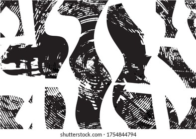 Distressed background in black and white gradient texture with dots, spots, scratches and lines. Abstract vector illustration.