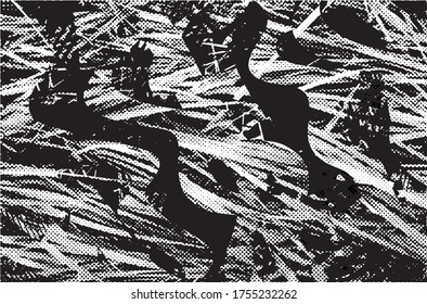 Fondo perturbado en textura de gradiente negro y blanco con puntos, puntos, arañazos y líneas. Ilustración del vector abstracto.