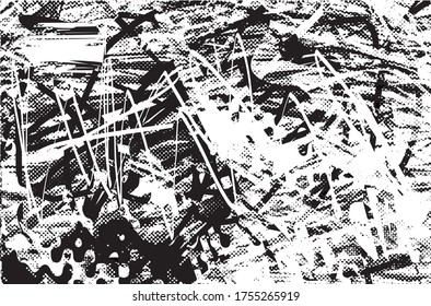 Distressed background in black and white gradient texture with dots, spots, scratches and lines. Abstract vector illustration.