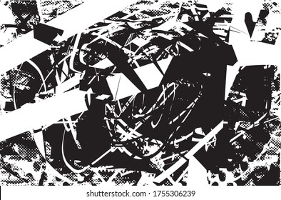 Distressed background in black and white gradient texture with dots, spots, scratches and lines. Abstract vector illustration.
