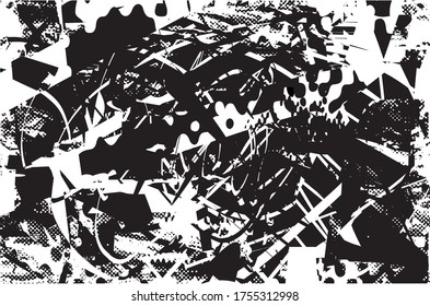 Unterdrückter Hintergrund in schwarz-weißer Farbverlauf-Textur mit Punkten, Flecken, Kratzern und Linien. Abstrakte Vektorgrafik.