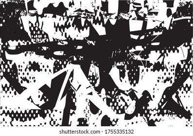 Unterdrückter Hintergrund in schwarz-weißer Farbverlauf-Textur mit Punkten, Flecken, Kratzern und Linien. Abstrakte Vektorgrafik.