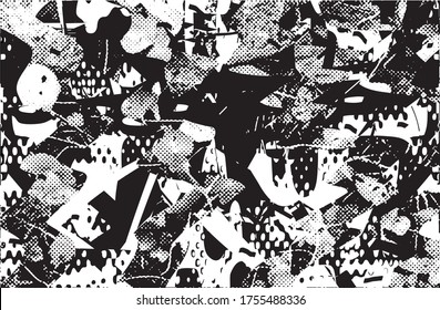 Fondo perturbado en textura de gradiente negro y blanco con puntos, puntos, arañazos y líneas. Ilustración del vector abstracto.