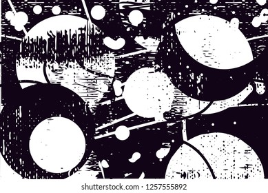 Distressed background in black and white from linen texture with dots, spots, scratches and lines. Abstract vector illustration