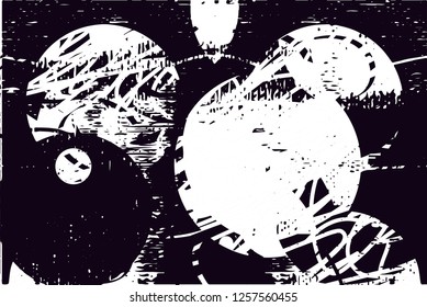 Distressed background in black and white from linen texture with dots, spots, scratches and lines. Abstract vector illustration