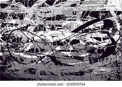 Distressed background in black and white texture with  dark spots, scratches and lines. Abstract vector illustration