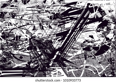 Distressed background in black and white texture with  dark spots, scratches and lines. Abstract vector illustration