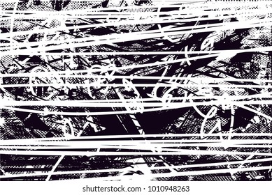 Distressed background in black and white texture with  dark spots, scratches and lines. Abstract vector illustration