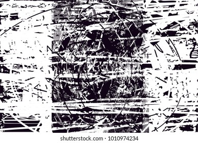 distressed background in black and white texture with  dark spots, scratches and lines. Abstract vector illustration