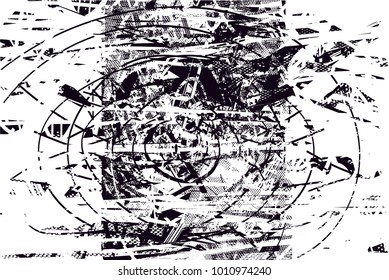 distressed background in black and white texture with  dark spots, scratches and lines. Abstract vector illustration