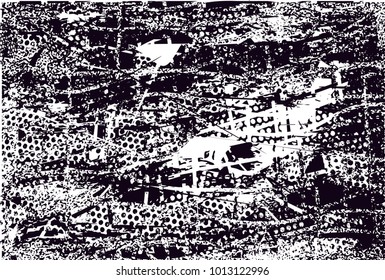 Distressed background in black and white texture with  dark spots, scratches and lines. Abstract vector illustration