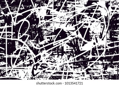 Distressed background in black and white texture with  dark spots, scratches and lines. Abstract vector illustration