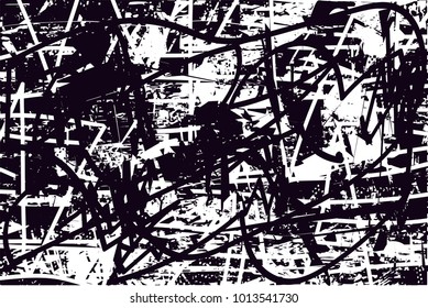 Distressed background in black and white texture with  dark spots, scratches and lines. Abstract vector illustration