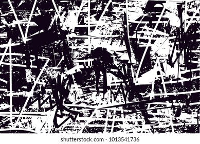 Distressed background in black and white texture with  dark spots, scratches and lines. Abstract vector illustration