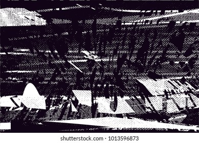 Distressed background in black and white texture with  dark spots, scratches and lines. Abstract vector illustration