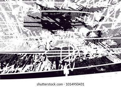 Distressed background in black and white texture with  dark spots, scratches and lines. Abstract vector illustration