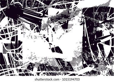Distressed background in black and white texture with  dark spots, scratches and lines. Abstract vector illustration