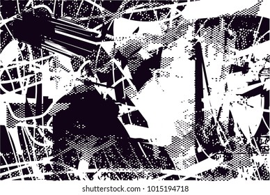 Distressed background in black and white texture with  dark spots, scratches and lines. Abstract vector illustration