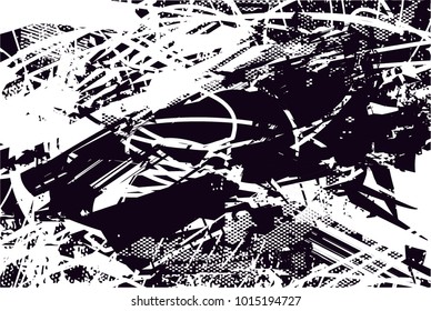 Distressed background in black and white texture with  dark spots, scratches and lines. Abstract vector illustration