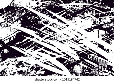 Distressed background in black and white texture with  dark spots, scratches and lines. Abstract vector illustration