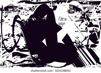 Distressed background in black and white texture with  dark spots, scratches and lines. Abstract vector illustration