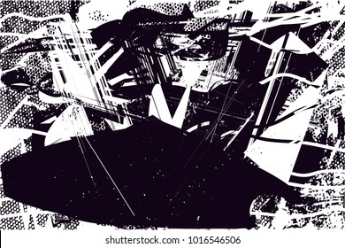 Distressed background in black and white texture with  dark spots, scratches and lines. Abstract vector illustration