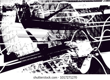 Distressed background in black and white texture with  dark spots, scratches and lines. Abstract vector illustration