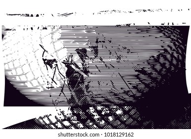 Distressed background in black and white texture with ball with net,  dark spots, scratches and lines. Abstract vector illustration