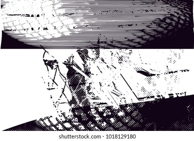 Distressed background in black and white texture with ball with net,  dark spots, scratches and lines. Abstract vector illustration