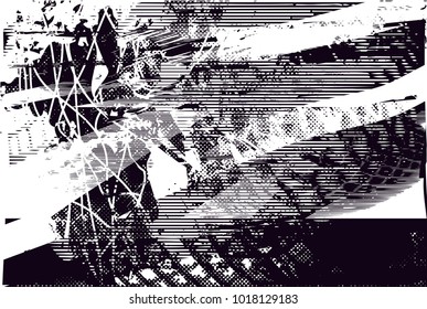 Distressed background in black and white texture with ball with net,  dark spots, scratches and lines. Abstract vector illustration