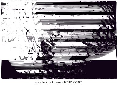 Distressed background in black and white texture with ball with net,  dark spots, scratches and lines. Abstract vector illustration