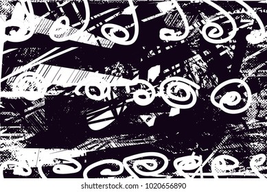 Distressed background in black and white texture with  dark spots, scratches and lines. Abstract vector illustration
