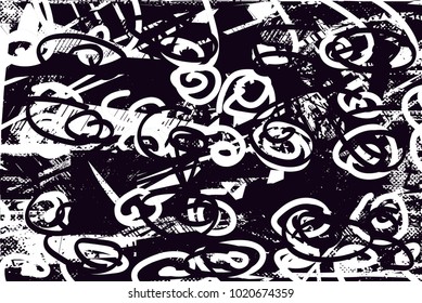 Distressed background in black and white texture with dark spots, scratches and lines. Abstract vector illustration
