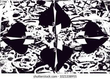 Distressed background in black and white texture with  dark spots, scratches and lines. Abstract vector illustration