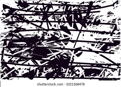 Distressed background in black and white texture with  dark spots, scratches and lines. Abstract vector illustration
