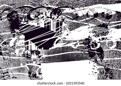 Distressed background in black and white texture with  dark spots, scratches and lines. Abstract vector illustration