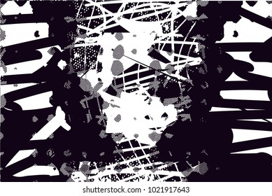 Distressed background in black and white texture with  dark spots, scratches and lines. Abstract vector illustration