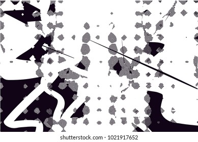 Distressed background in black and white texture with  dark spots, scratches and lines. Abstract vector illustration