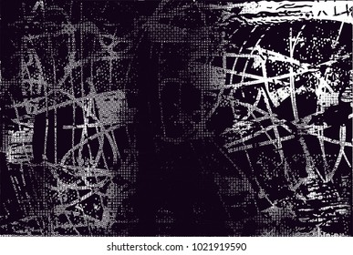 Distressed background in black and white texture with  dark spots, scratches and lines. Abstract vector illustration