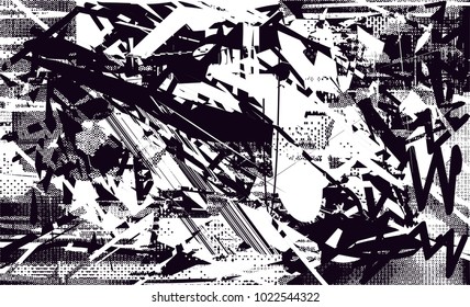 Distressed background in black and white texture with  dark spots, scratches and lines. Abstract vector illustration