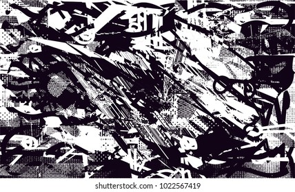 Distressed background in black and white texture with  dark spots, scratches and lines. Abstract vector illustration