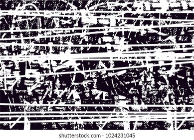 Distressed background in black and white texture with  dark spots, scratches and lines. Abstract vector illustration