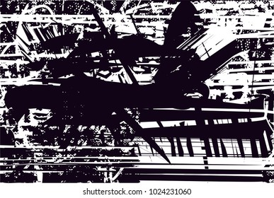 Distressed background in black and white texture with  dark spots, scratches and lines. Abstract vector illustration