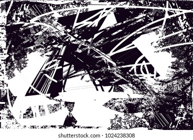 Distressed background in black and white texture with  dark spots, scratches and lines. Abstract vector illustration