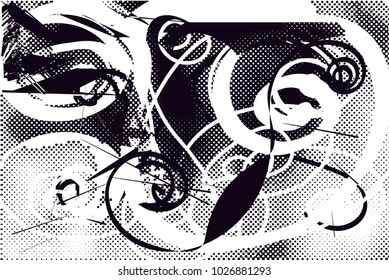 Distressed background in black and white texture with  dark spots, scratches and lines. Abstract vector illustration